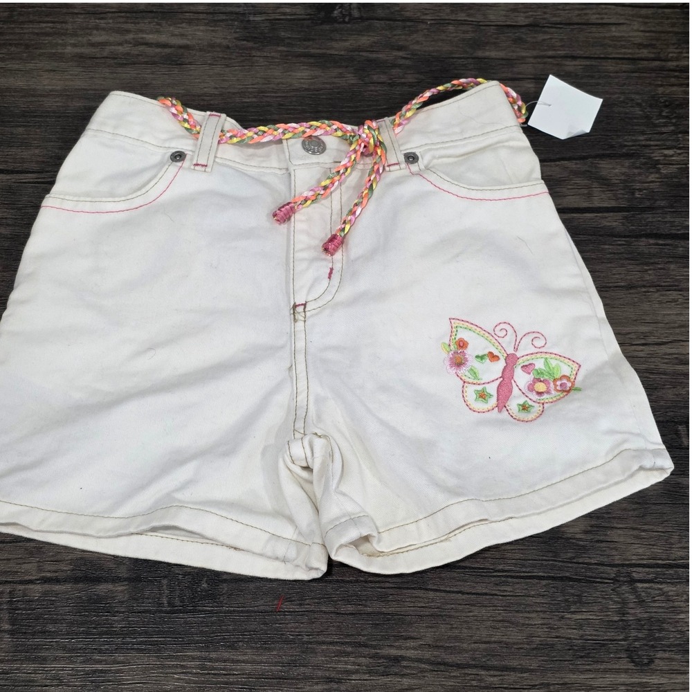 Sonoma Girls White Denim Shorts Size 7‎ Butterfly Embroidered Colorful Belt
